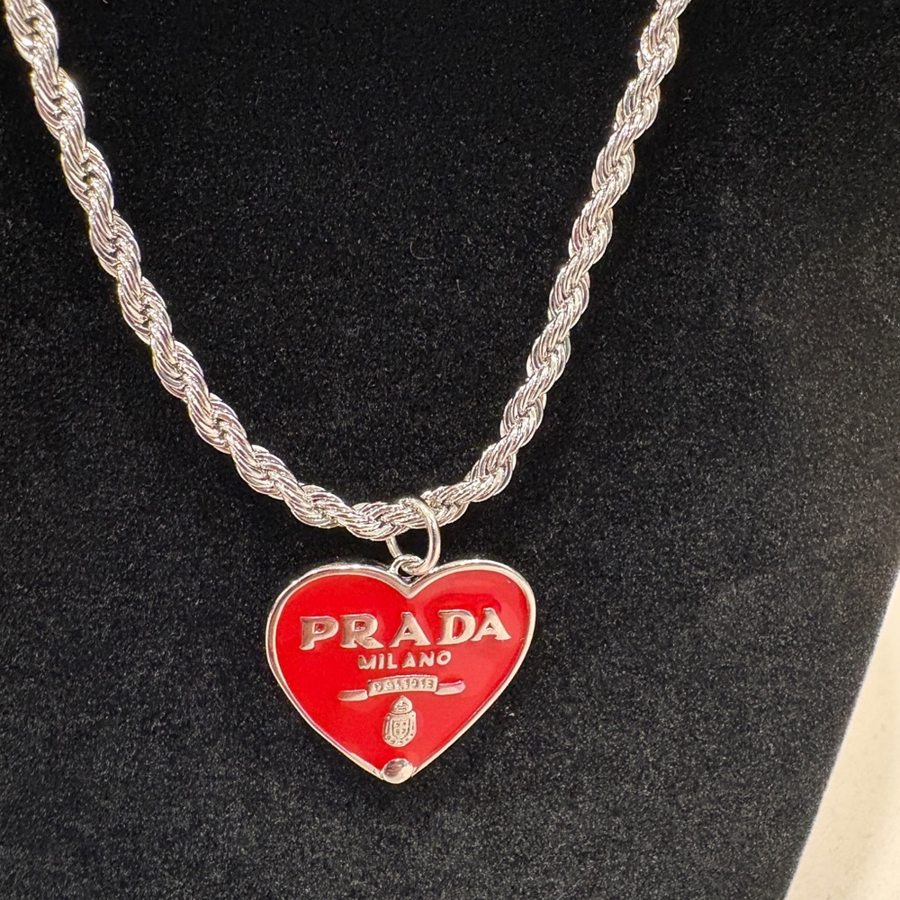 Prada Red Enamel Heart Pendant Necklace with Silver-Tone Rope Chain - Picture 1 of 4